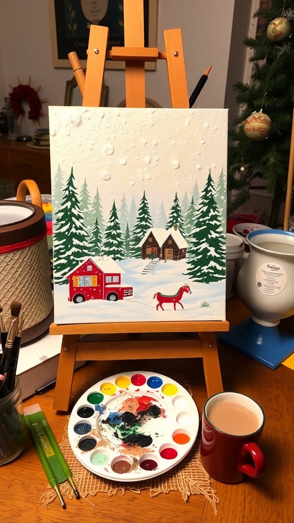 A workspace with a Christmas painting of a snowy landscape on an easel, surrounded by art supplies.